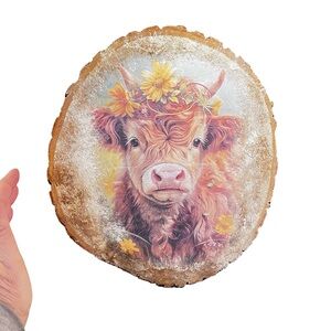 Floral highland Cow Art on Wood Slice handmade wall decor diy floral